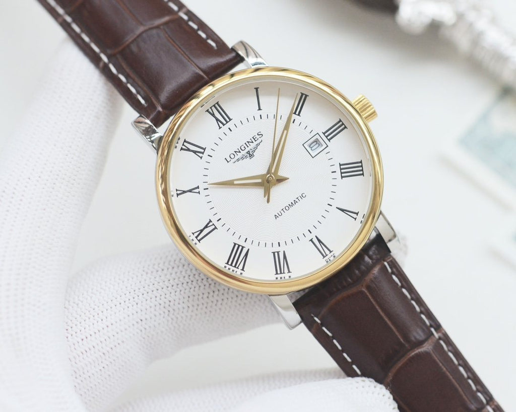 Longines Brown Gold White Dial Leather Strap Watch — hero