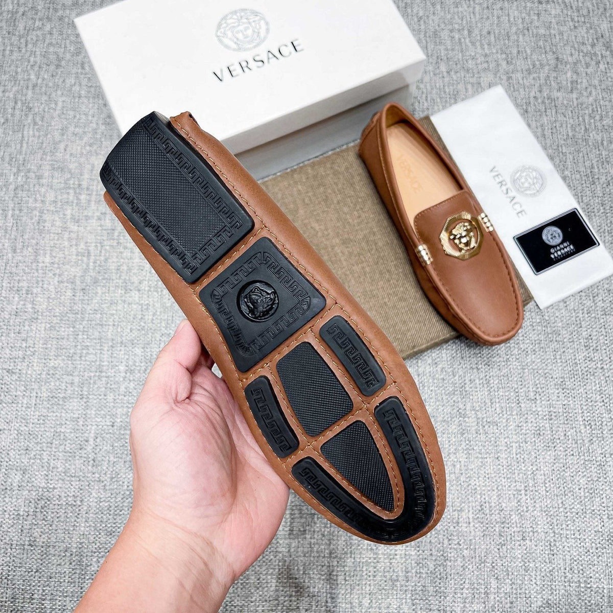 Versace Tan Brown Leather Driving Loafers — side