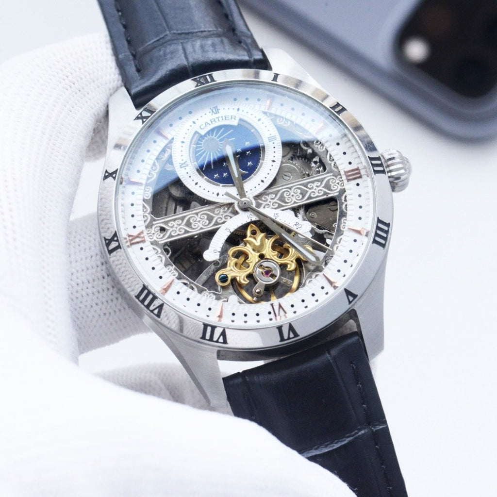 Longines Silver Black Leather Strap Watch — front