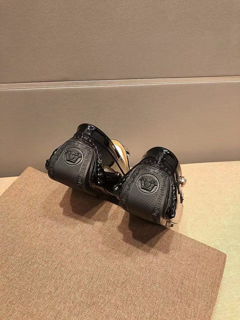 Versace Black Patent Leather Medusa-Style Loafers — back