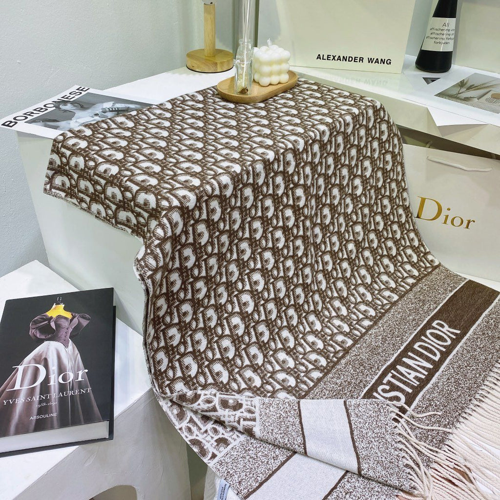 Dior Brown & Ivory Fringed Scarf — front