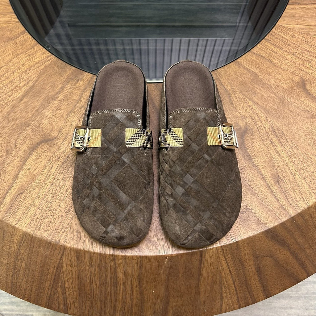 Burberry Dark Brown Check Buckle Mule Slippers — hero
