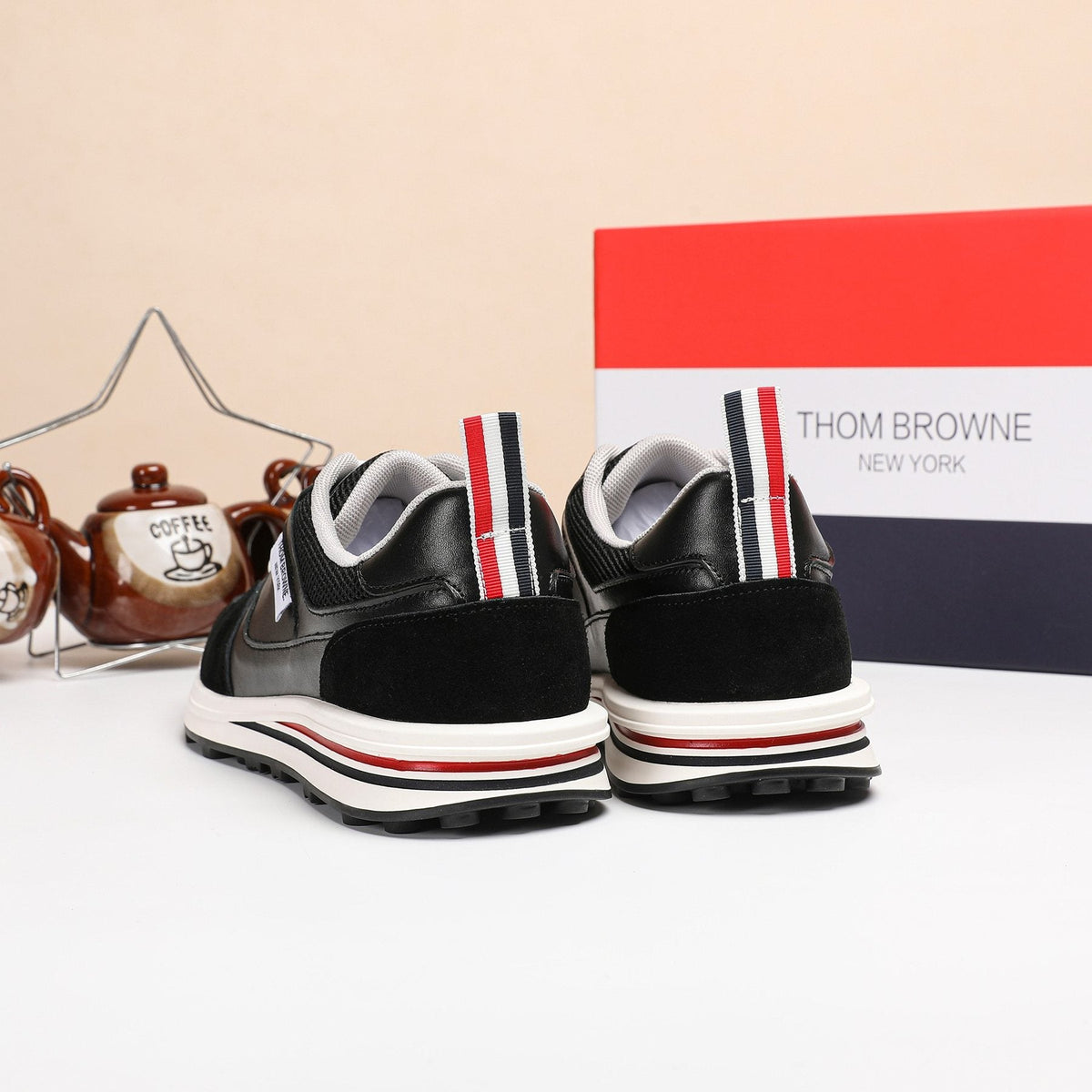 Thom Browne White Navy Panel Low-Top Sneakers — back