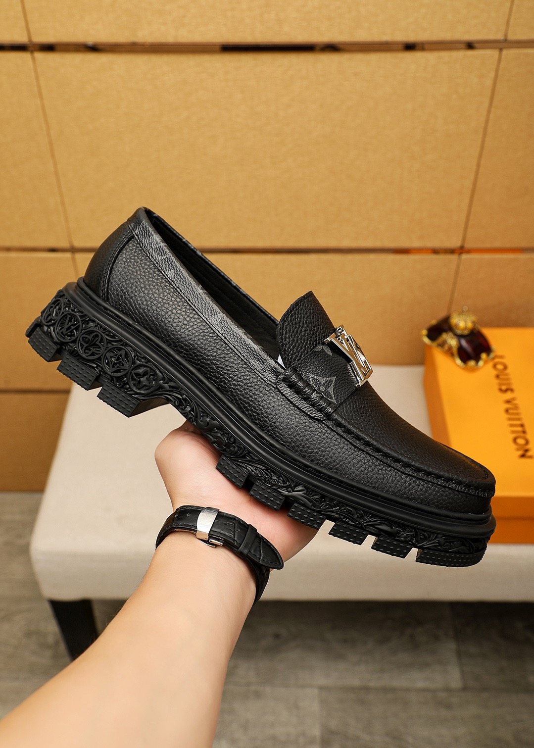 Louis Vuitton Black Textured Lug Sole Loafers — model