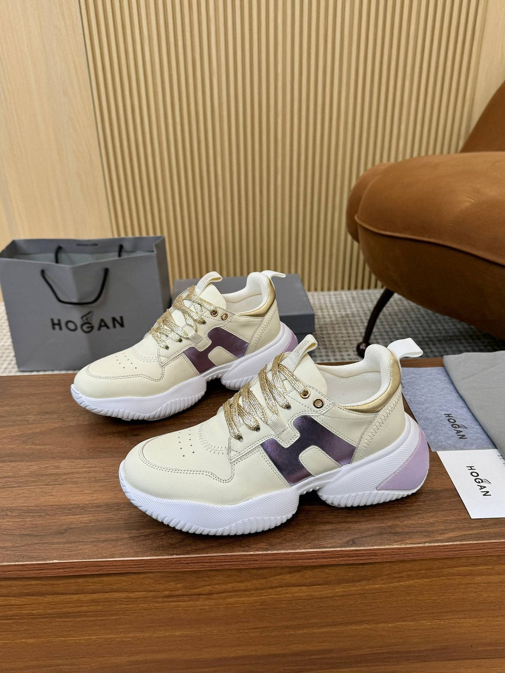 HOGAN Beige and Black Chunky Sneakers — side