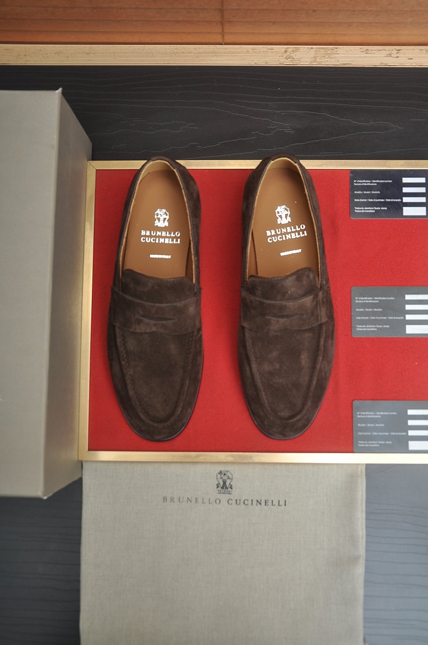 Brunello Cucinelli Suede Penny Loafers — front