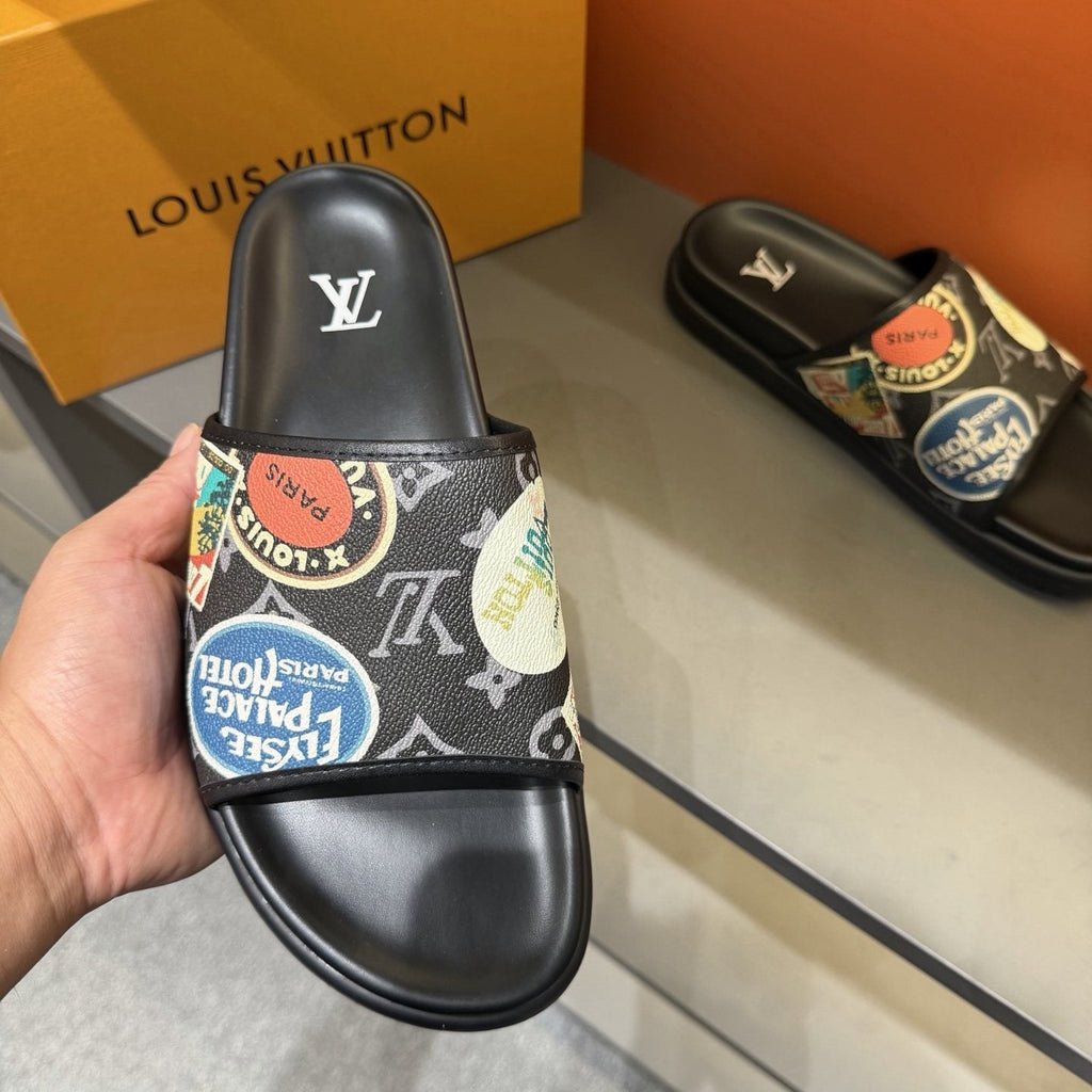 Louis Vuitton Graphic Strap Slide Sandals — model